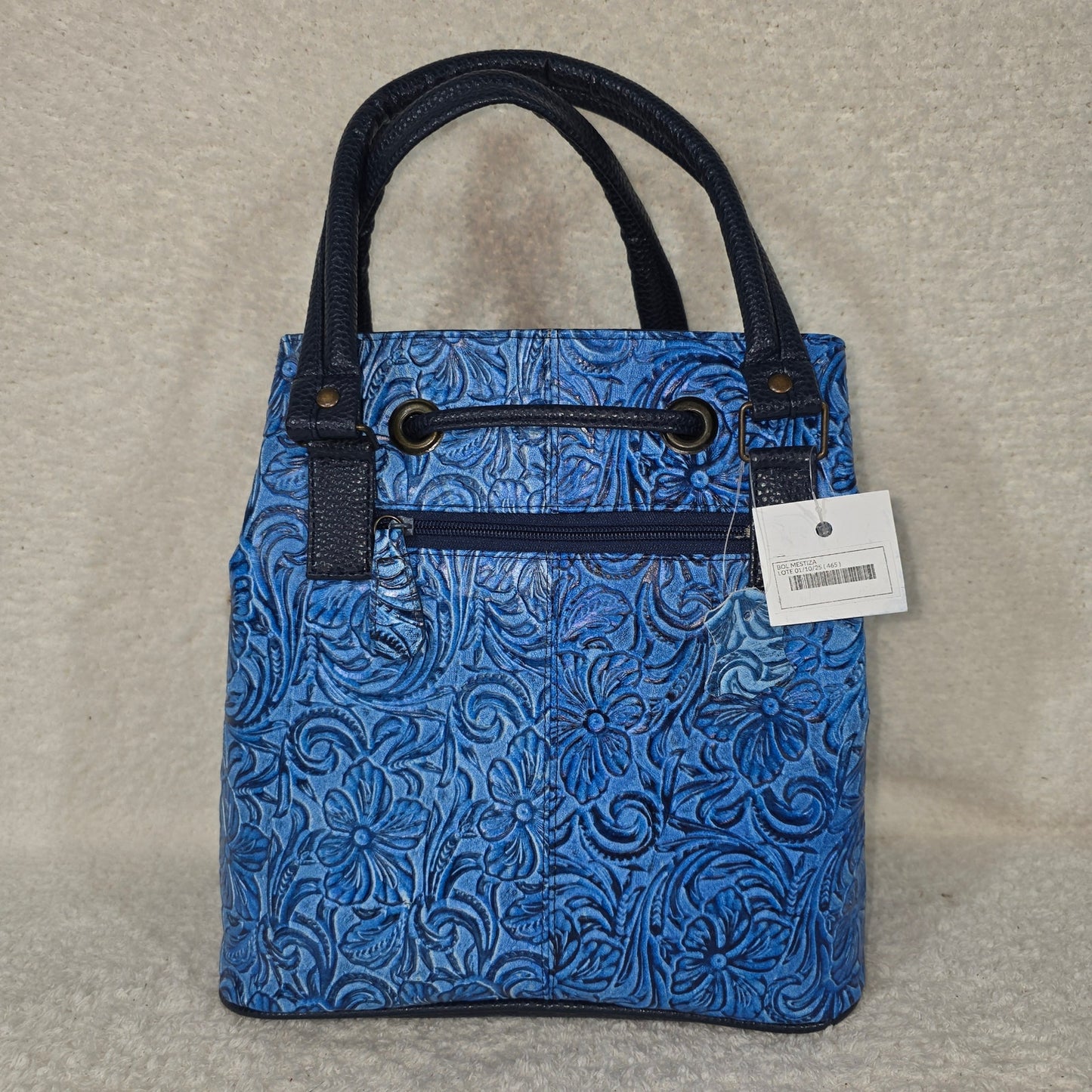 Tooled Blue Floral Leather Drawstring Bucket Bag