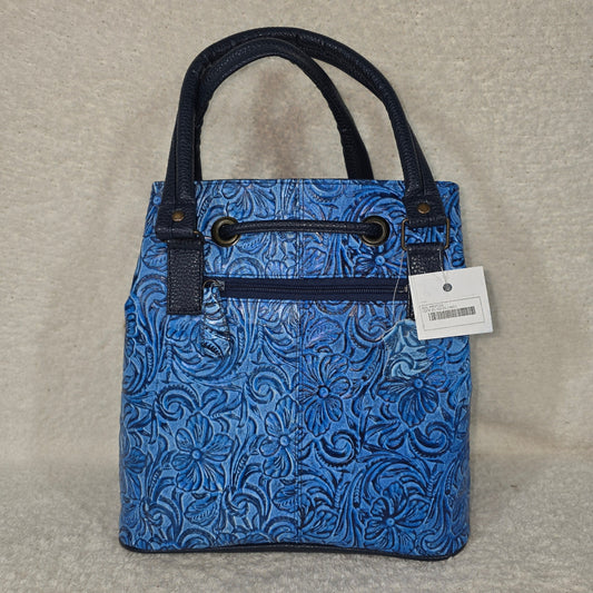 Tooled Blue Floral Leather Drawstring Bucket Bag