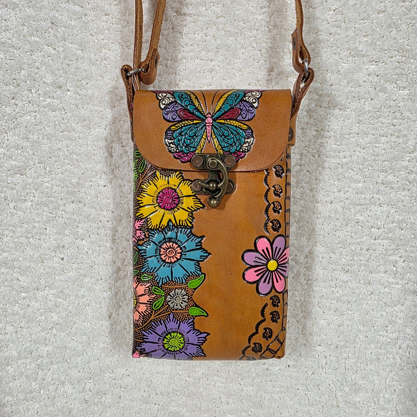 Honey Brown Hand Painted Floral Embossed Leather Cell Phone Bag Made in Mexico