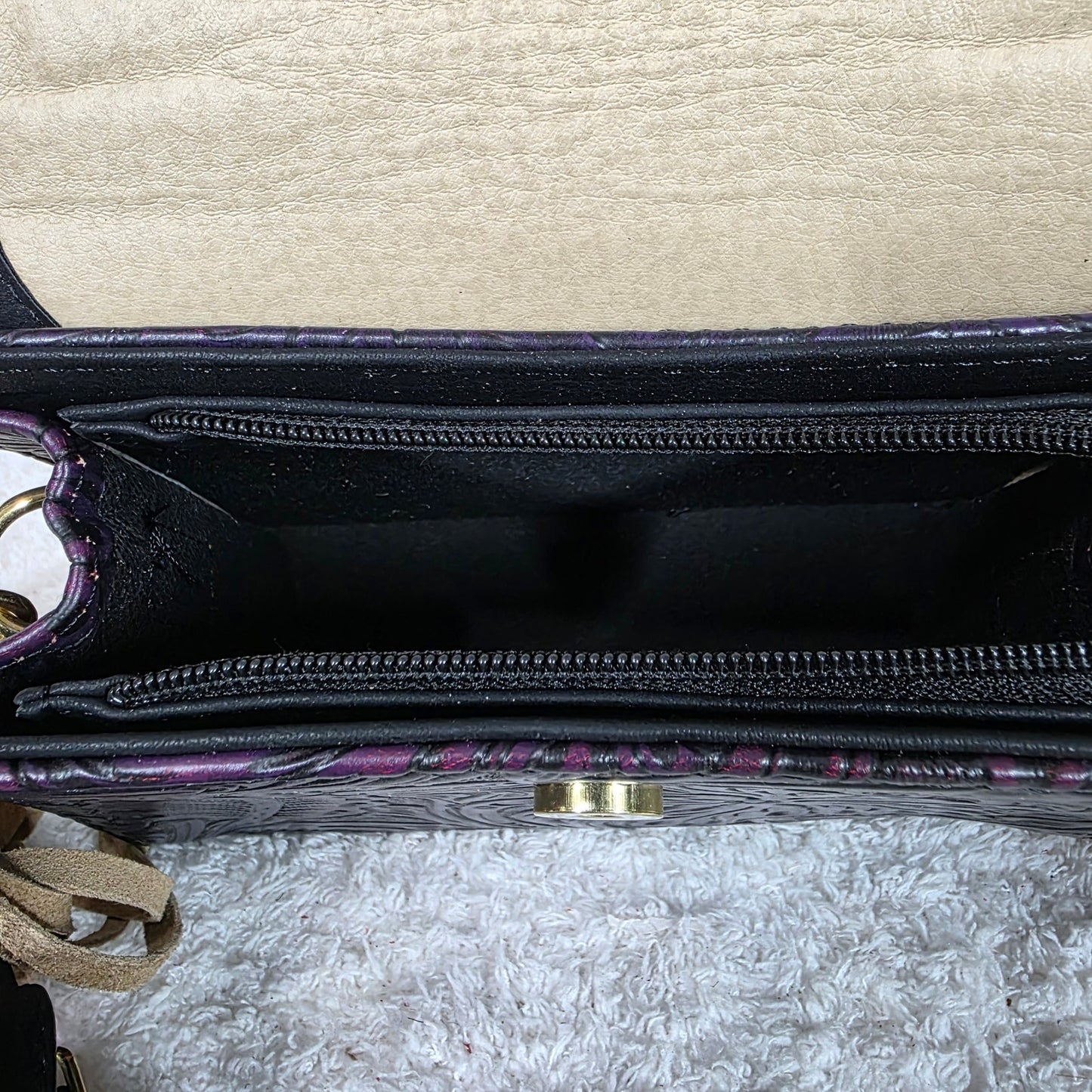 Handcrafted Purple Embossed Vegan Leather & Cowhide Hair-On Fringe Top Handle Bag