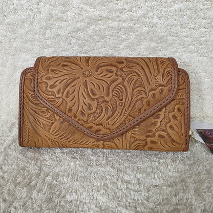 Light Brown Floral Embossed Leather Convertible Wallet Crossbody — Handmade in León, Guanajuato