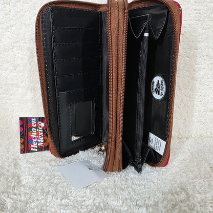 Red Floral Embossed Leather Double Zip Wallet