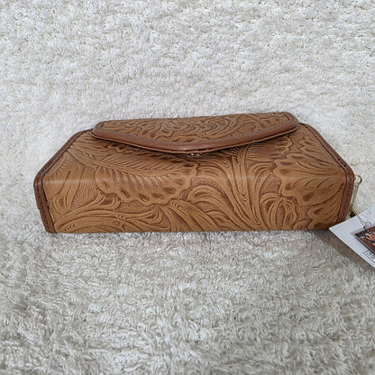 Light Brown Floral Embossed Leather Convertible Wallet Crossbody with Brown Trim