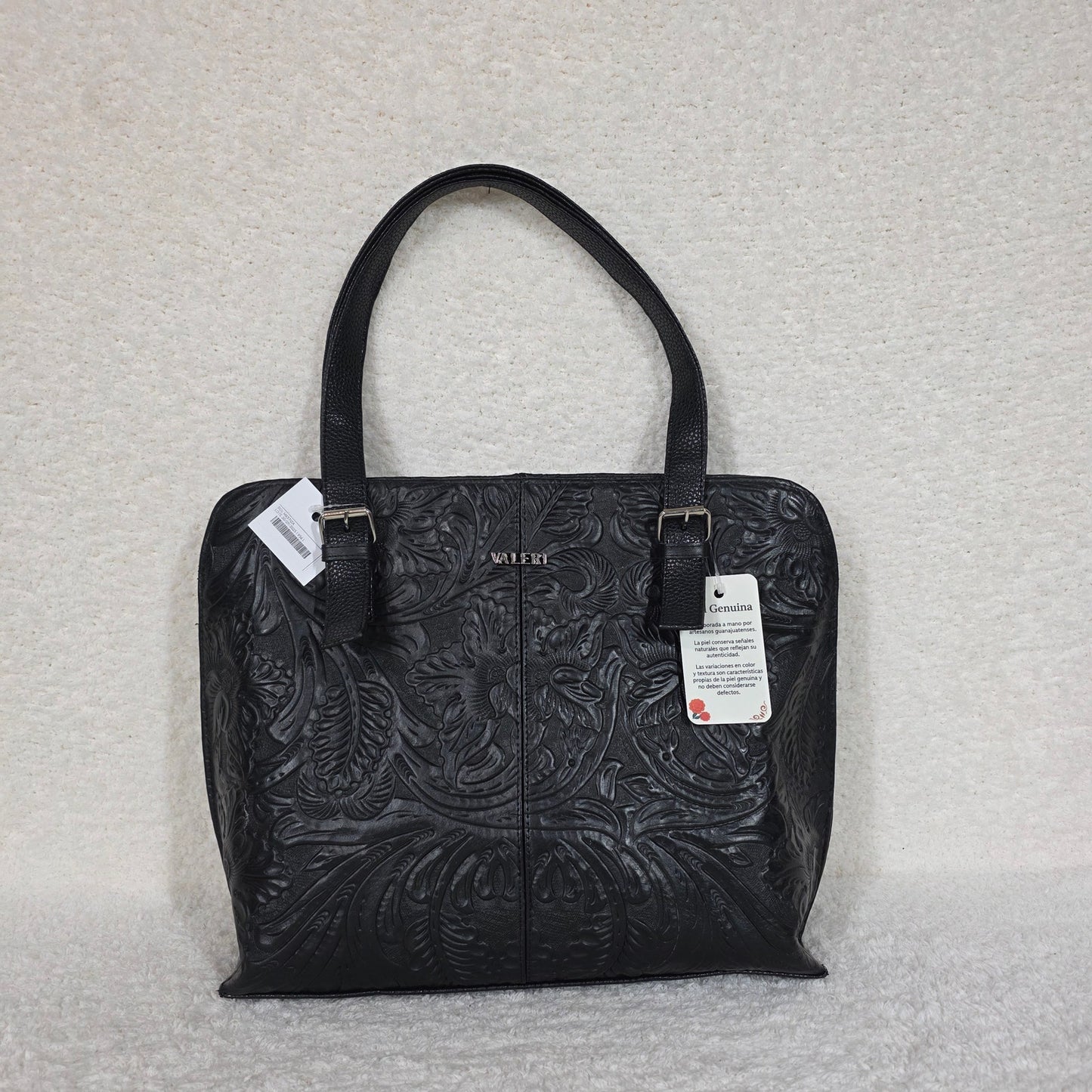 Handcrafted Mexican Black Floral Embossed Leather Tote Bag