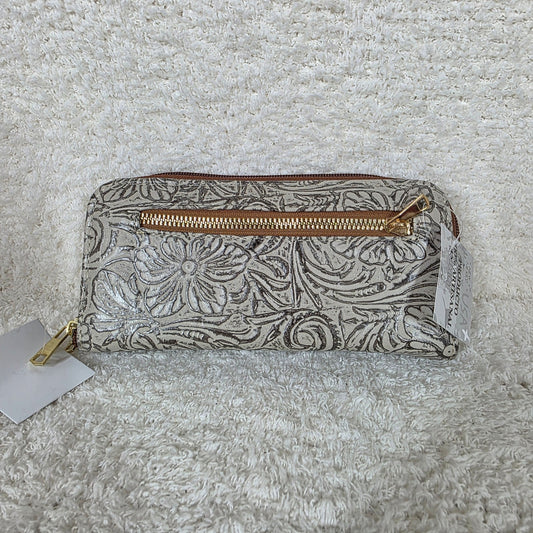 Light Beige with Metallic Finish Floral Embossed Leather Double Zip Wallet