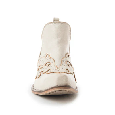 MYRABAG Twin Forks Western Booties in Crackle White Leather