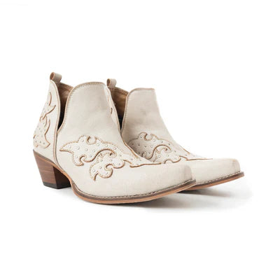 MYRABAG Twin Forks Western Booties in Crackle White Leather