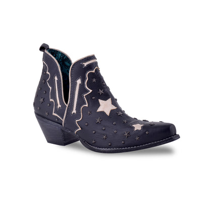 Lone Star Sky women's Western ankle booties in premium leather. Features a deep split-top V-notch shaft, side pull tabs, traditional contrast cowboy embroidery, a pointed toe, and a low stacked heel.