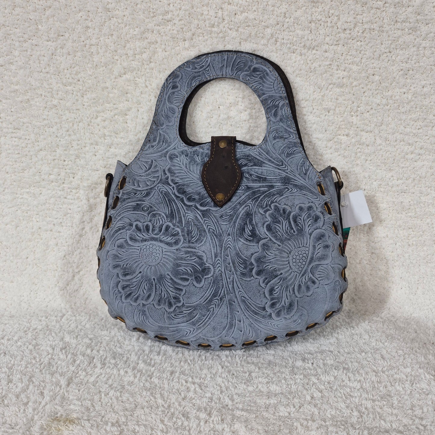Hand-Tooled Blue Floral Genuine Leather Saddle Bag with Brown Whipstitching