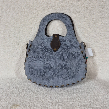 Hand-Tooled Blue Floral Genuine Leather Saddle Bag with Brown Whipstitching