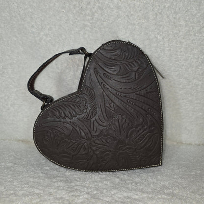Handcrafted Mexican Tooled Brown Leather Heart-Shaped Crossbody Bag