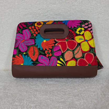 Brown Chiapas Loom Embroidered Vegan Leather Large Clutch Bag — Handmade in Chiapas, Mexico