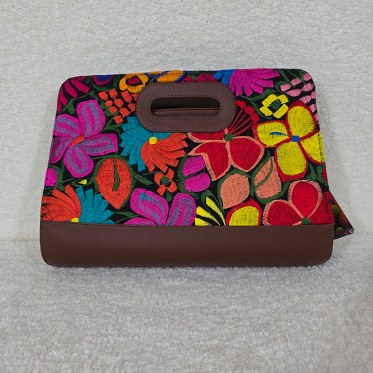 Brown Chiapas Loom Embroidered Vegan Leather Clutch Bag