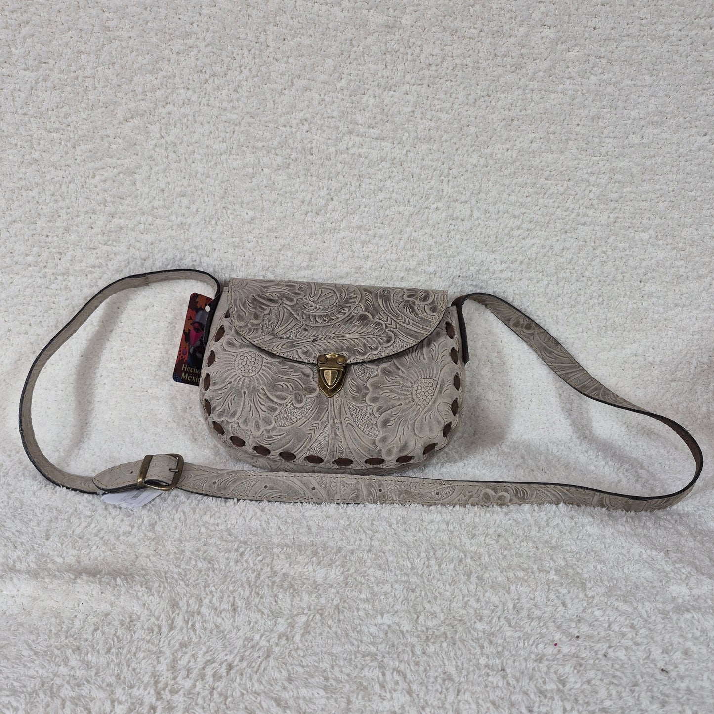 Hand-Tooled Gray Genuine Leather Saddle Bag with Brown Whipstitching