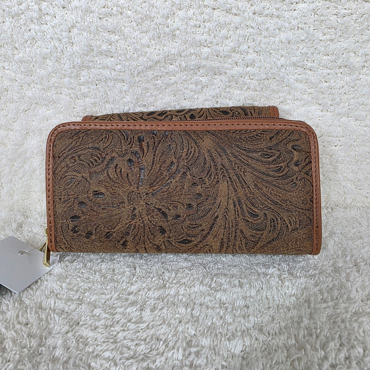 Distressed Brown Floral Embossed Leather Convertible Wallet Crossbody with Brown Trim