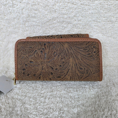 Distressed Brown Floral Embossed Leather Convertible Wallet Crossbody with Brown Trim