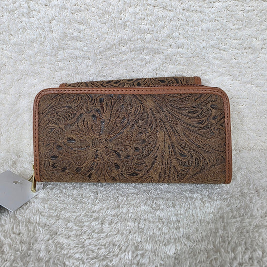 Distressed Brown Floral Embossed Leather Convertible Wallet Crossbody with Brown Trim