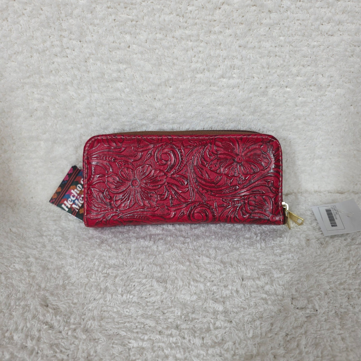 Red Floral Embossed Leather Double Zip Wallet — Handmade in León, Guanajuato, Mexico
