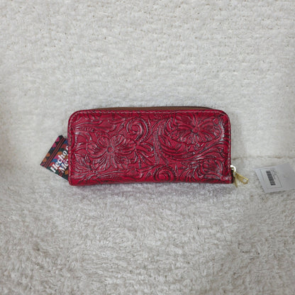 Red Floral Embossed Leather Double Zip Wallet — Handmade in León, Guanajuato, Mexico