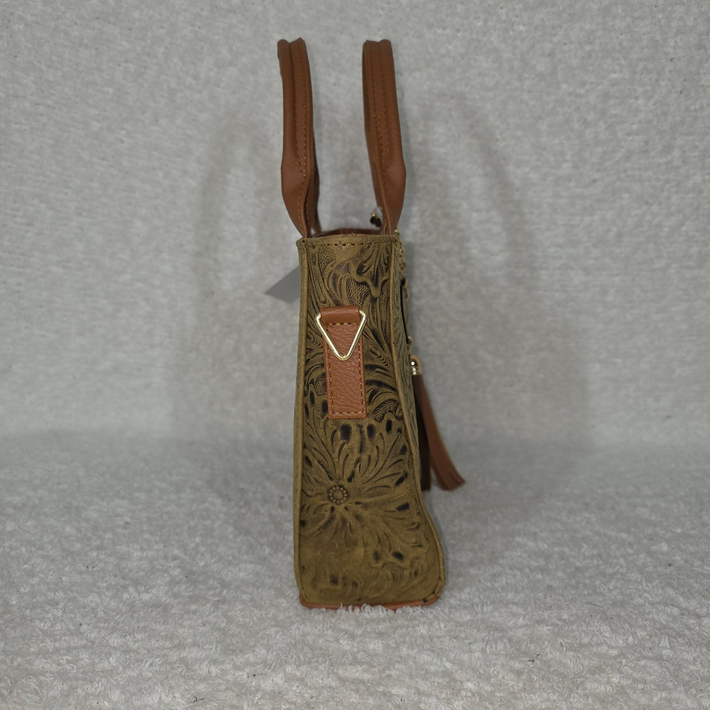 Mexican Handcrafted Moss Green Floral Embossed Leather Mini Tote Bag