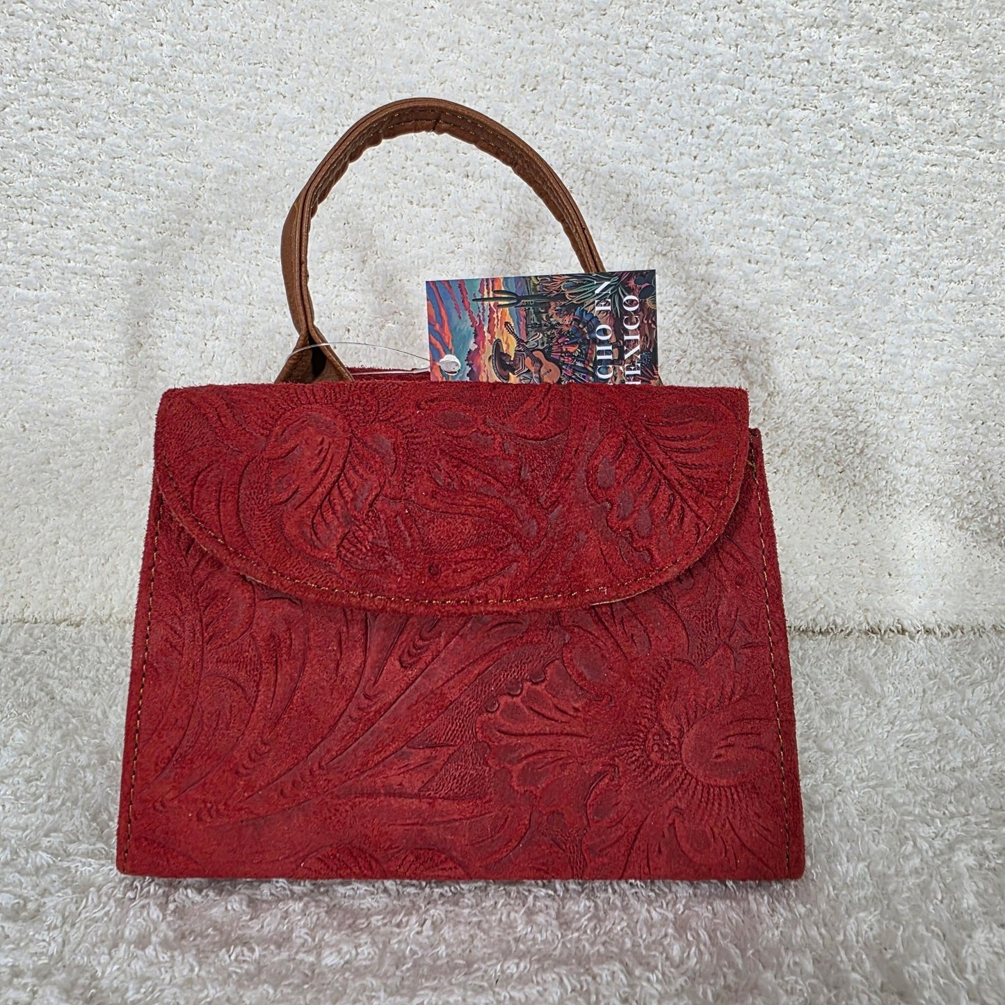 Red Floral Embossed Leather Mini Bag with Detachable Strap