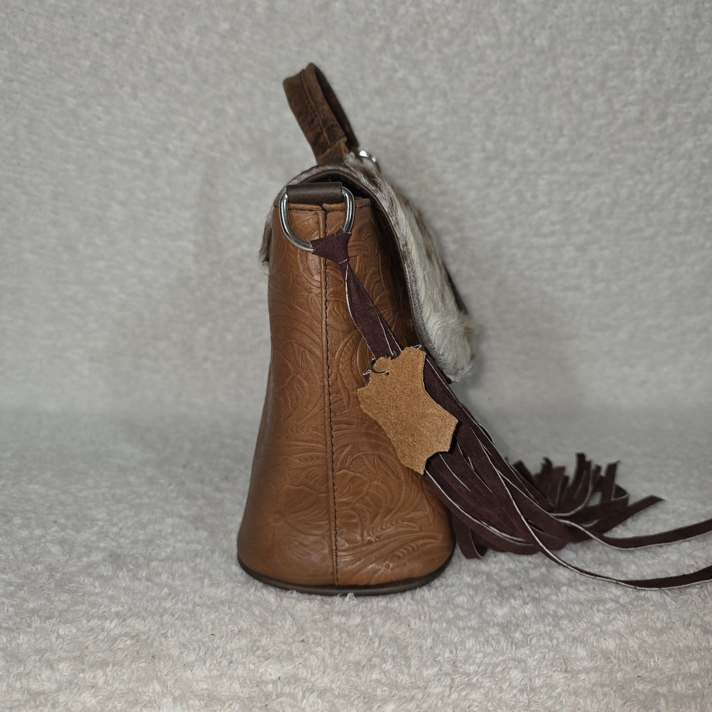 Handcrafted Mexican Brown Tooled Leather & Cowhide Hair-On Western Handbag with Turquoise Concho