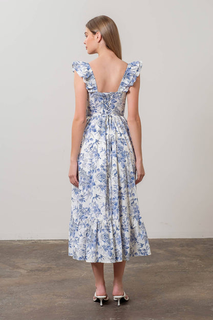 Moon River Ivory & Blue Toile Floral Front Pleating Ruffle Sleeve Midi Dress