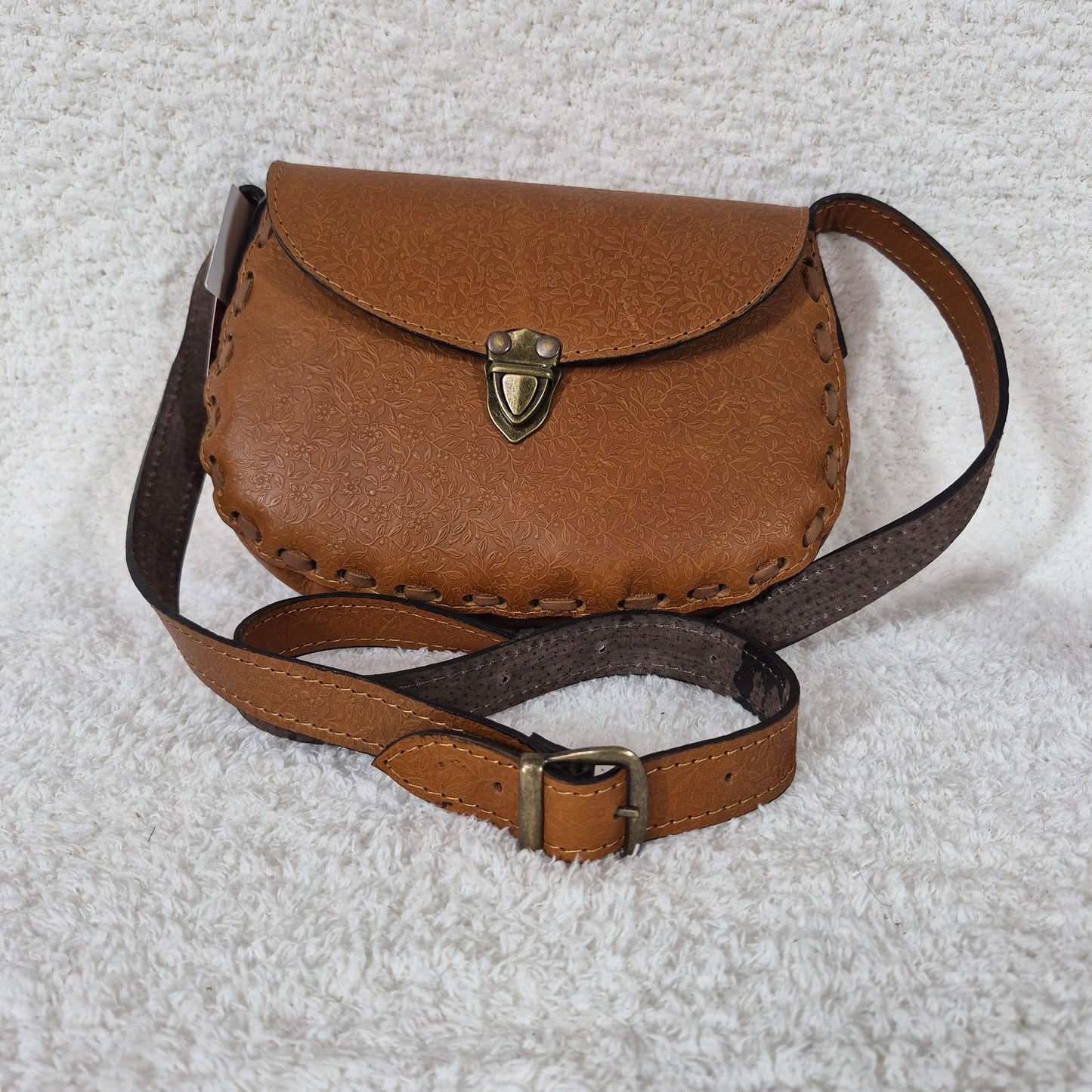 Hand-Tooled Honey Brown Genuine Leather Saddle Bag