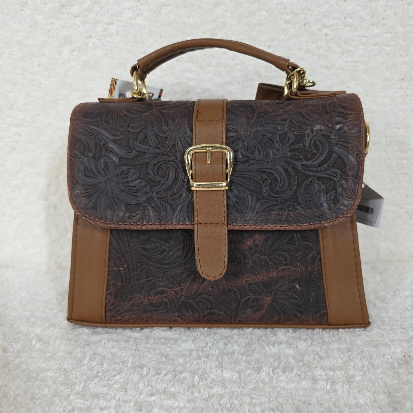 Handcrafted Mexican Floral Embossed Chocolate Brown Genuine Leather Top-Handle Bag