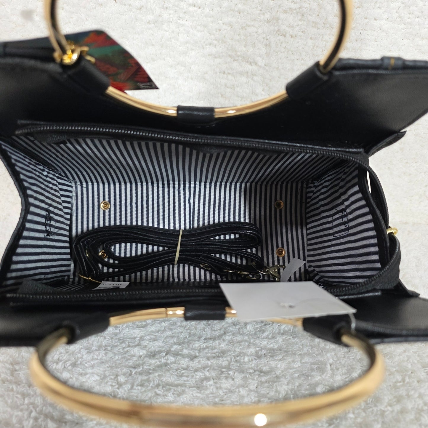 Handcrafted Mexican Black Tooled Leather Handbag with Gold-Tone Ring Handles