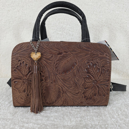 Brown & Black Floral Embossed Leather & Vegan Leather Crossbody Bag