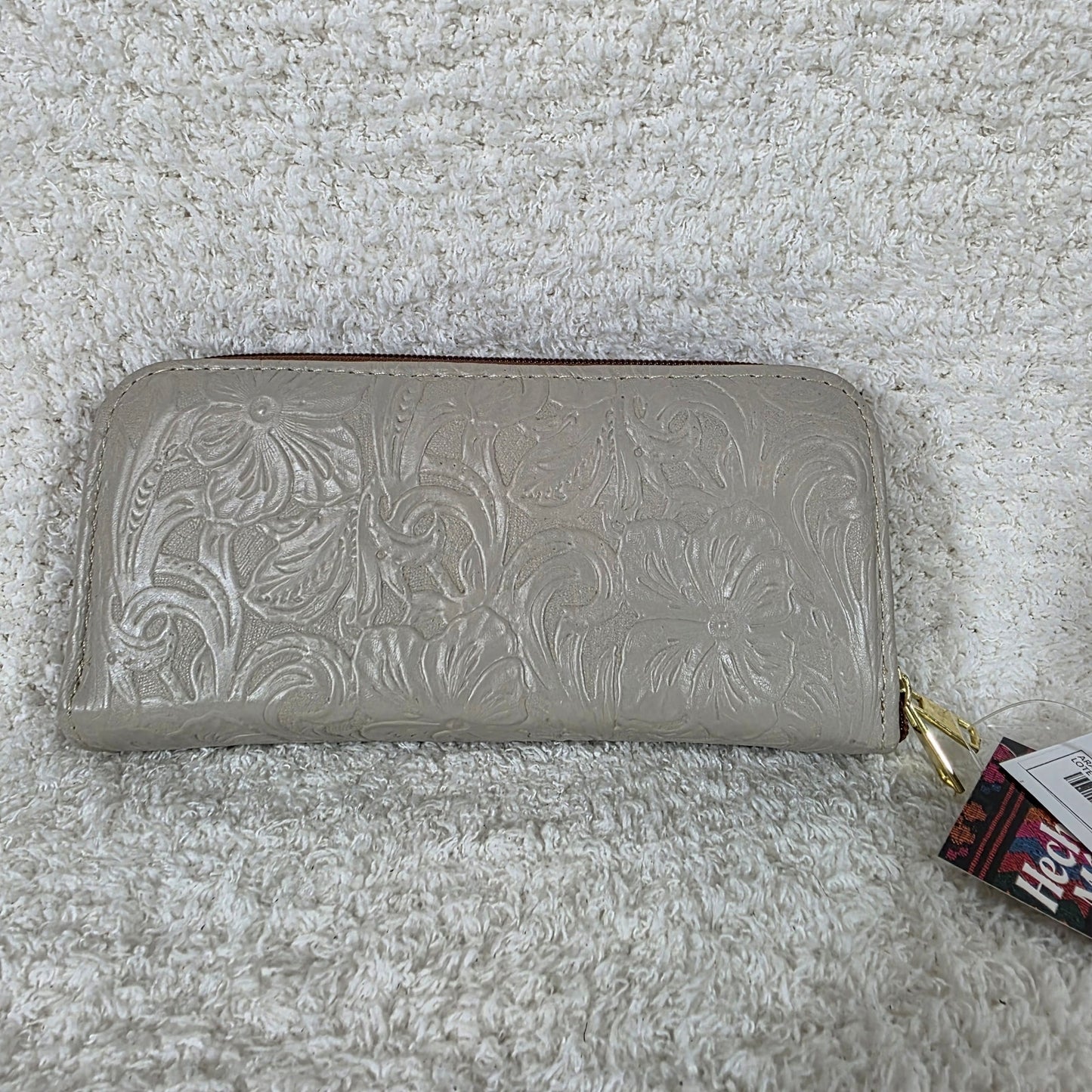 Stone Gray Floral Embossed Leather Tab Closure Wallet