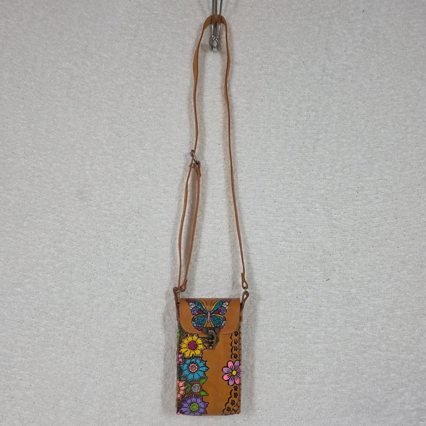 Honey Brown Hand Painted Floral Embossed Leather Cell Phone Bag Made in Mexico