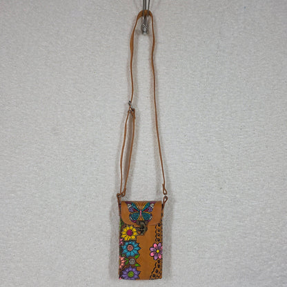 Honey Brown Hand Painted Floral Embossed Leather Cell Phone Bag Made in Mexico