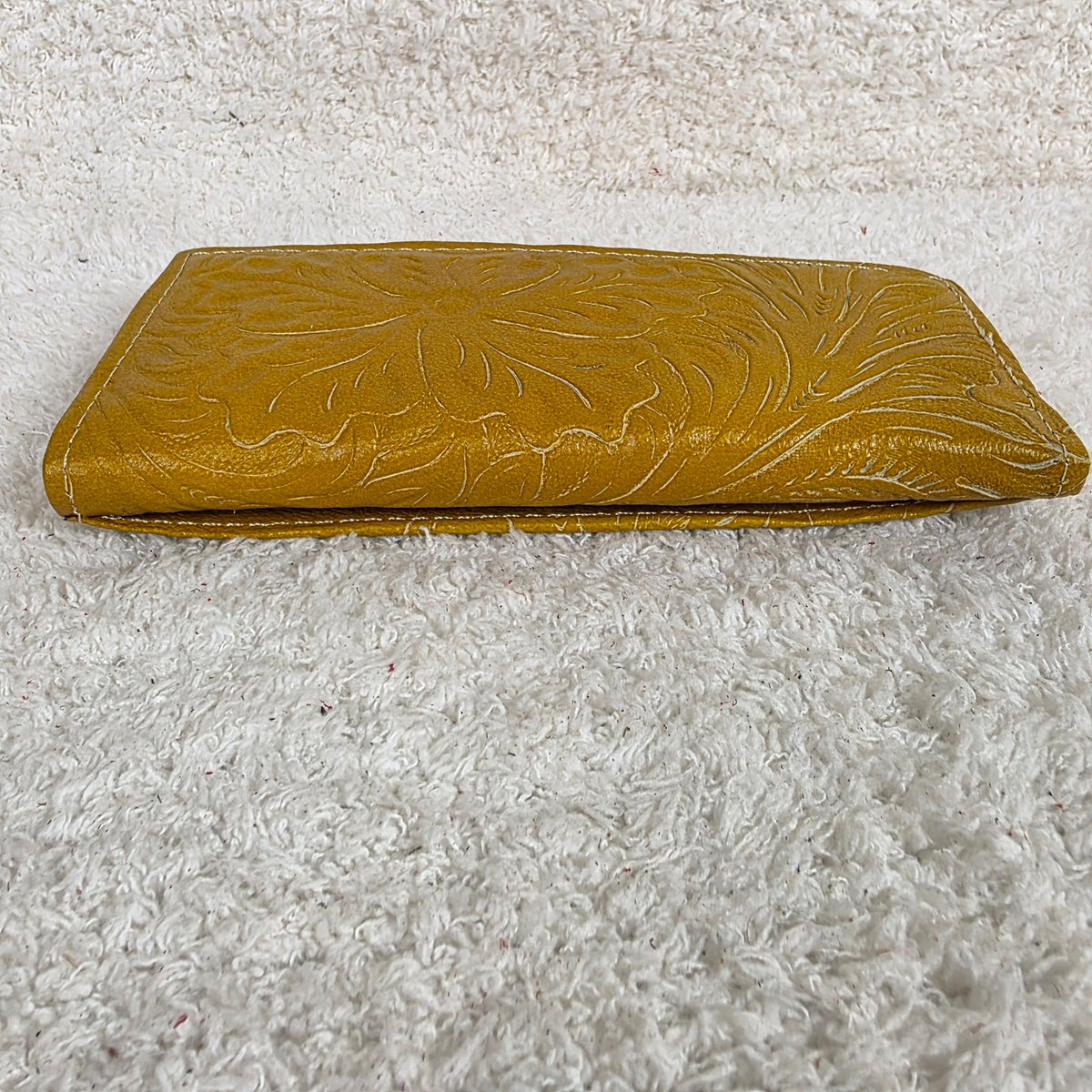 Mustard Yellow Floral Embossed Leather Tri-fold Wallet