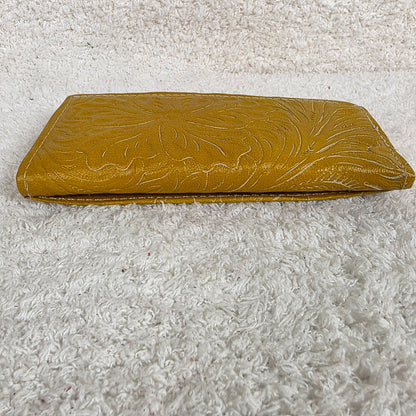 Mustard Yellow Floral Embossed Leather Tri-fold Wallet