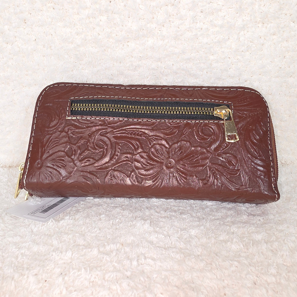 Brown Floral Embossed Leather Double Zip Wallet