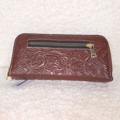 Brown Floral Embossed Leather Double Zip Wallet