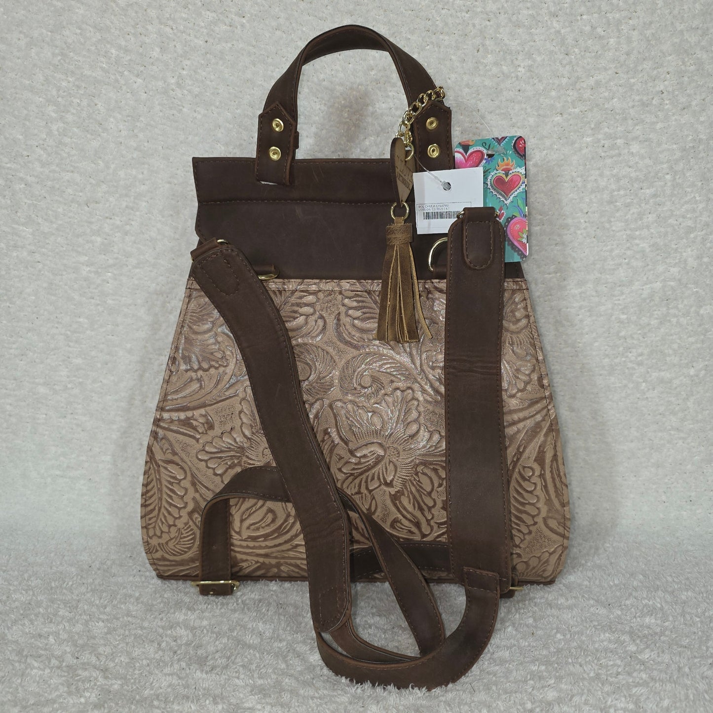Artisanal Embroidered Chiapas Loom & Embossed Tan Vegan Leather Backpack