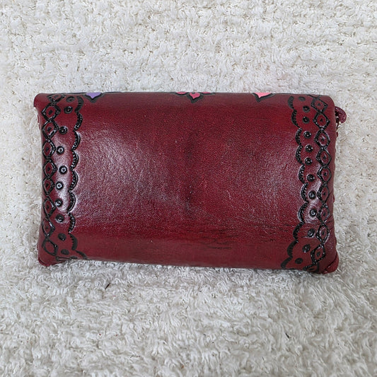Mexican Hand-Tooled Leather Butterflies & Flowers Red Clutch Wristlet Bag