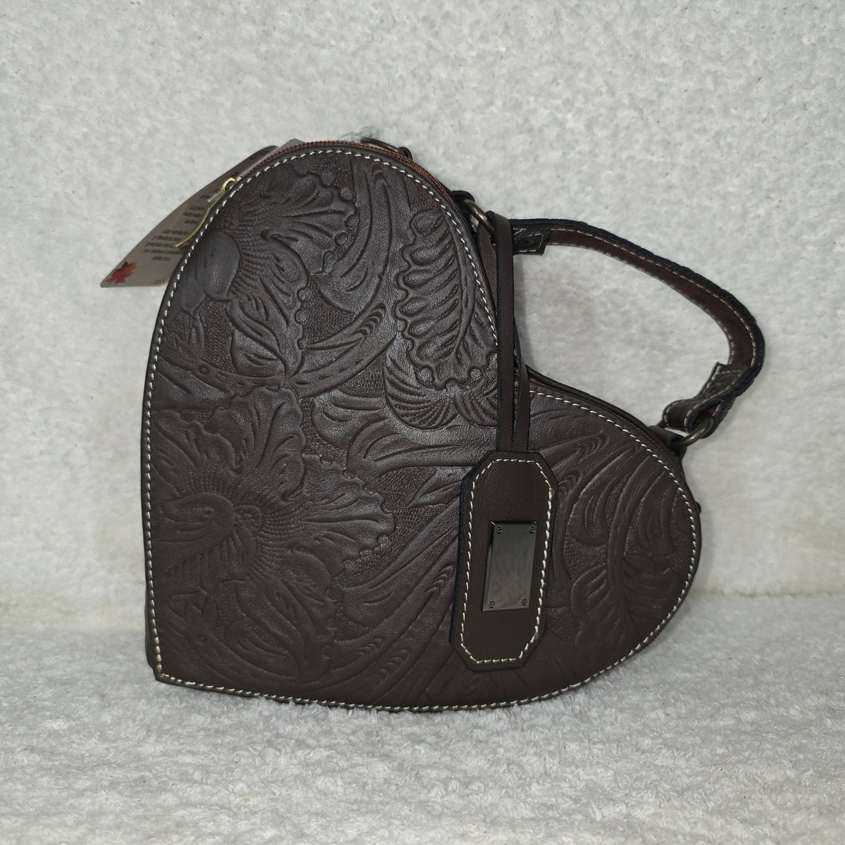 Brown Hand-Tooled Leather Heart-Shaped Crossbody Bag — Handmade in Mexico