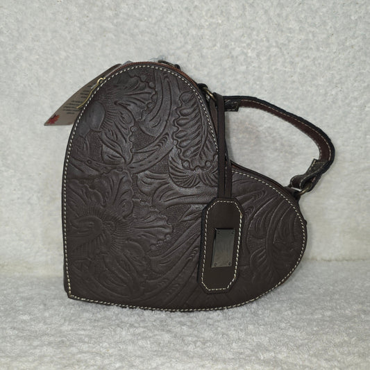 Handcrafted Mexican Tooled Brown Leather Heart-Shaped Crossbody Bag