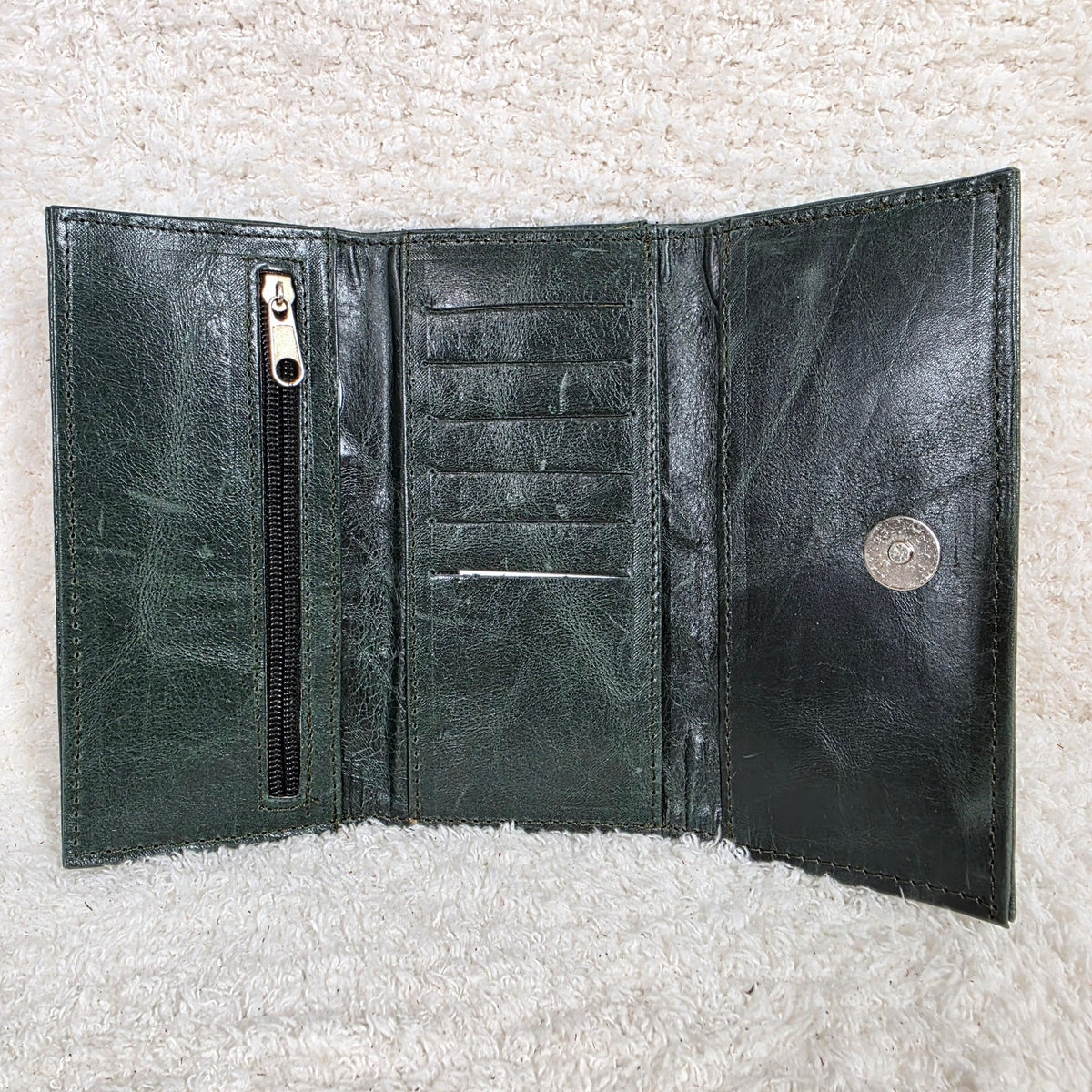 Forest Green Floral Embossed Leather Tri-fold Wallet