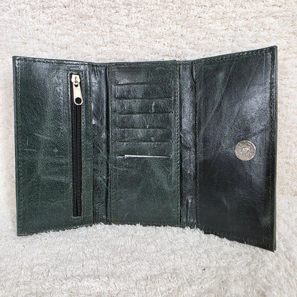 Forest Green Floral Embossed Leather Tri-fold Wallet