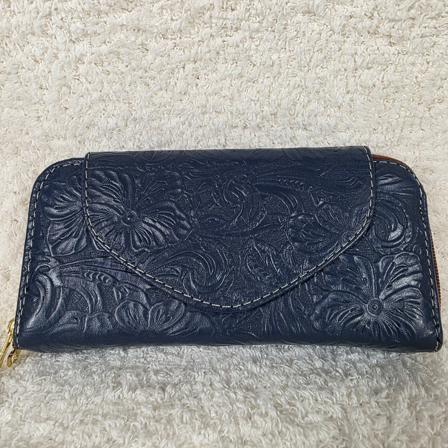 Navy Blue Floral Embossed Leather Flap Closure Wallet