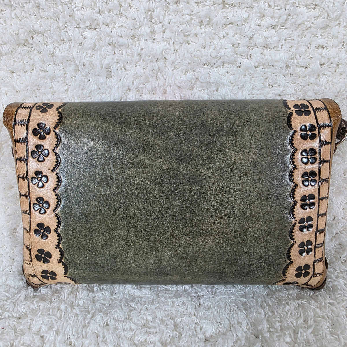 Mexican Hand-Tooled Leather Butterflies & Flowers Olive Green Clutch Wristlet Bag