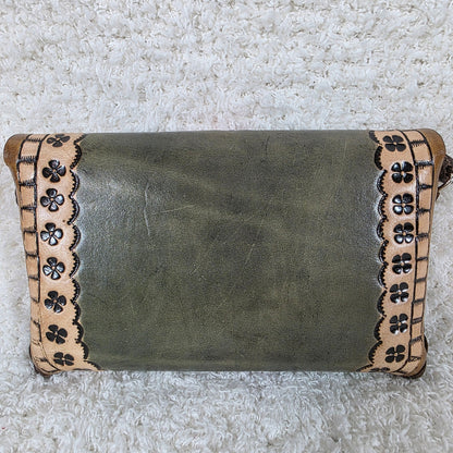 Mexican Hand-Tooled Leather Butterflies & Flowers Olive Green Clutch Wristlet Bag