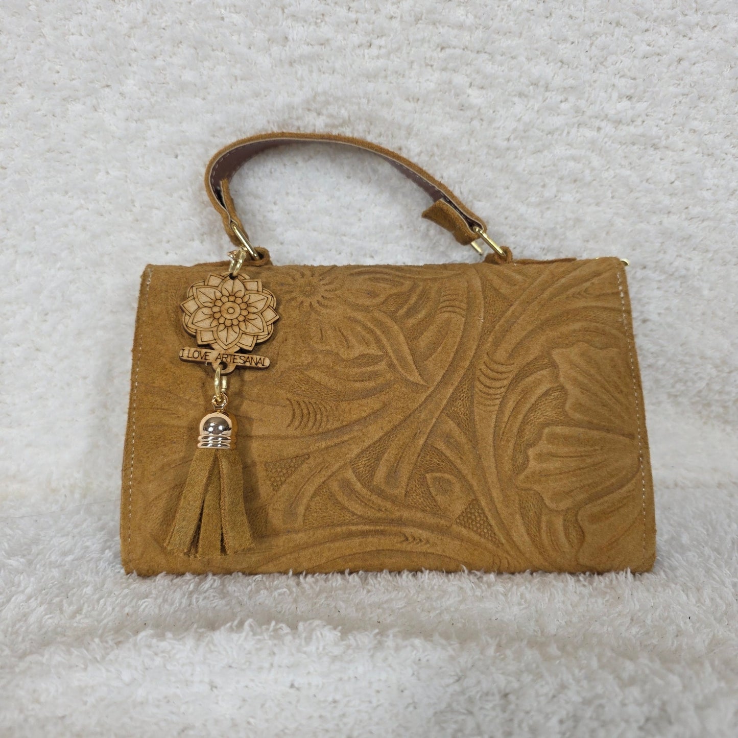 Handcrafted Embossed Floral Design Mustard Yellow Suede Leather Crossbody Bag