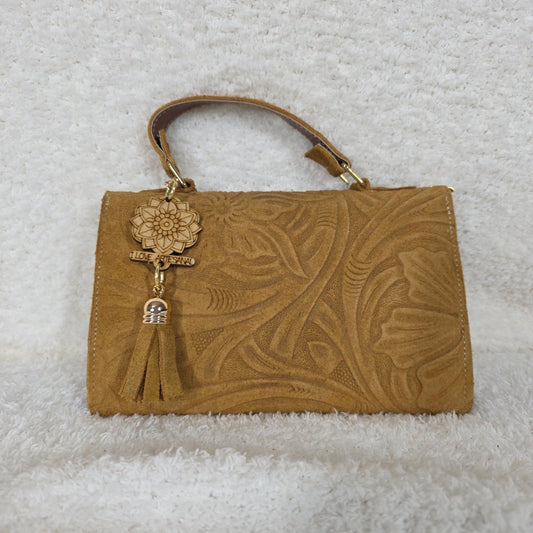 Mustard Yellow Floral Embossed Suede Leather Crossbody Bag — Handmade in León, Guanajuato