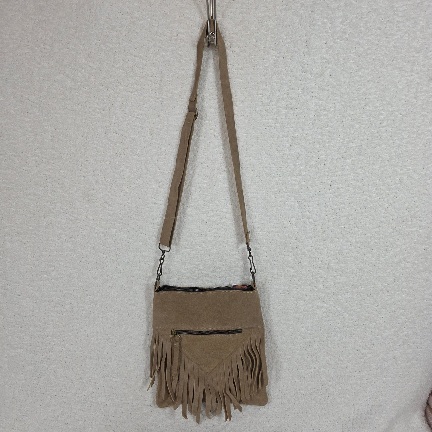 Taupe Boho Fringe Crossbody Bag Suede Leather Handcrafted in Mexico